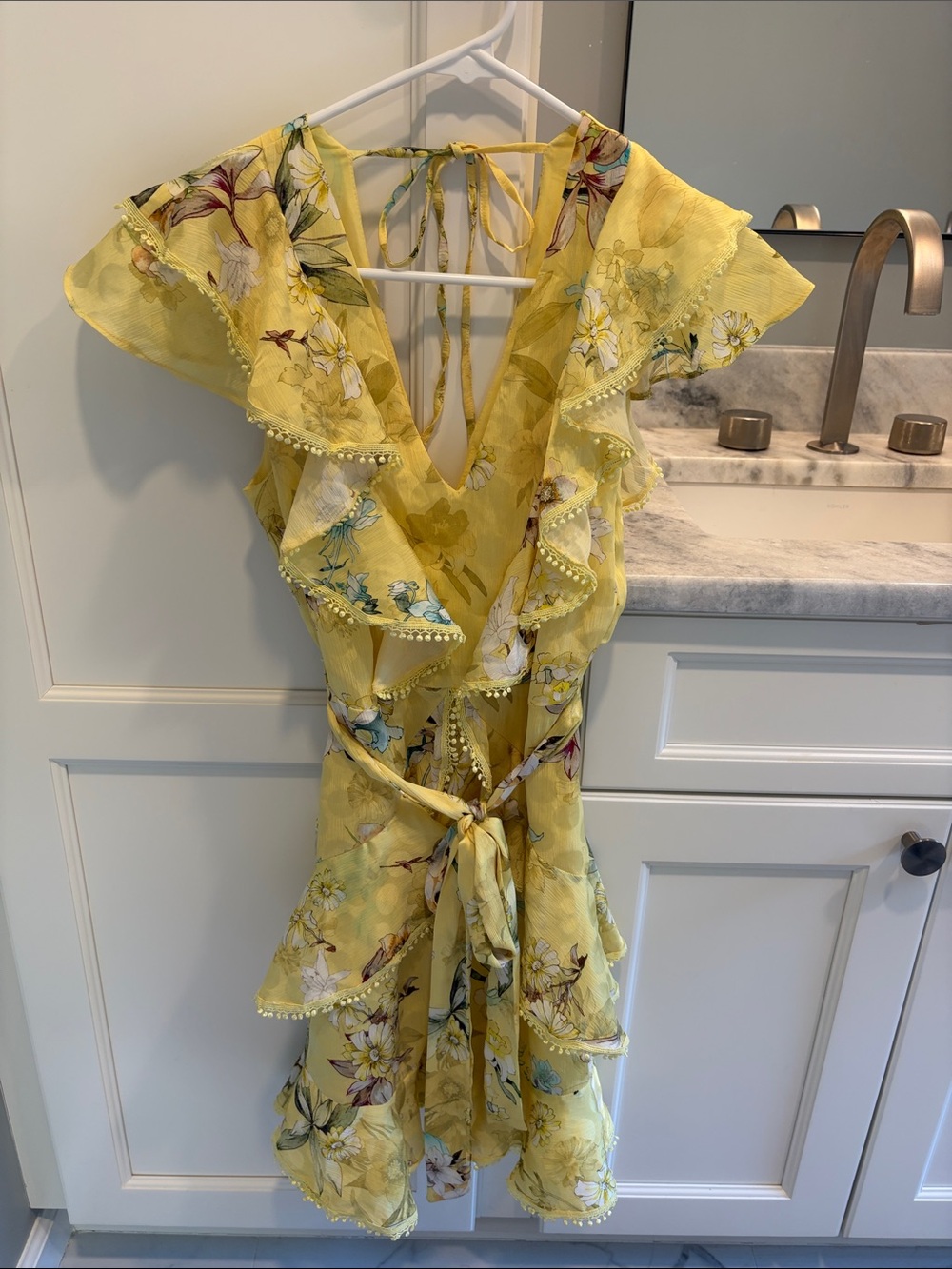River Island Yellow Floral Ruffle Wrap Mini Dress Size US XS or EU 6